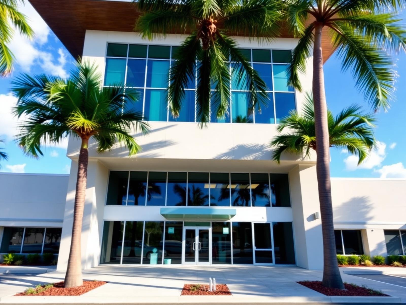 Modern commercial building with palm trees