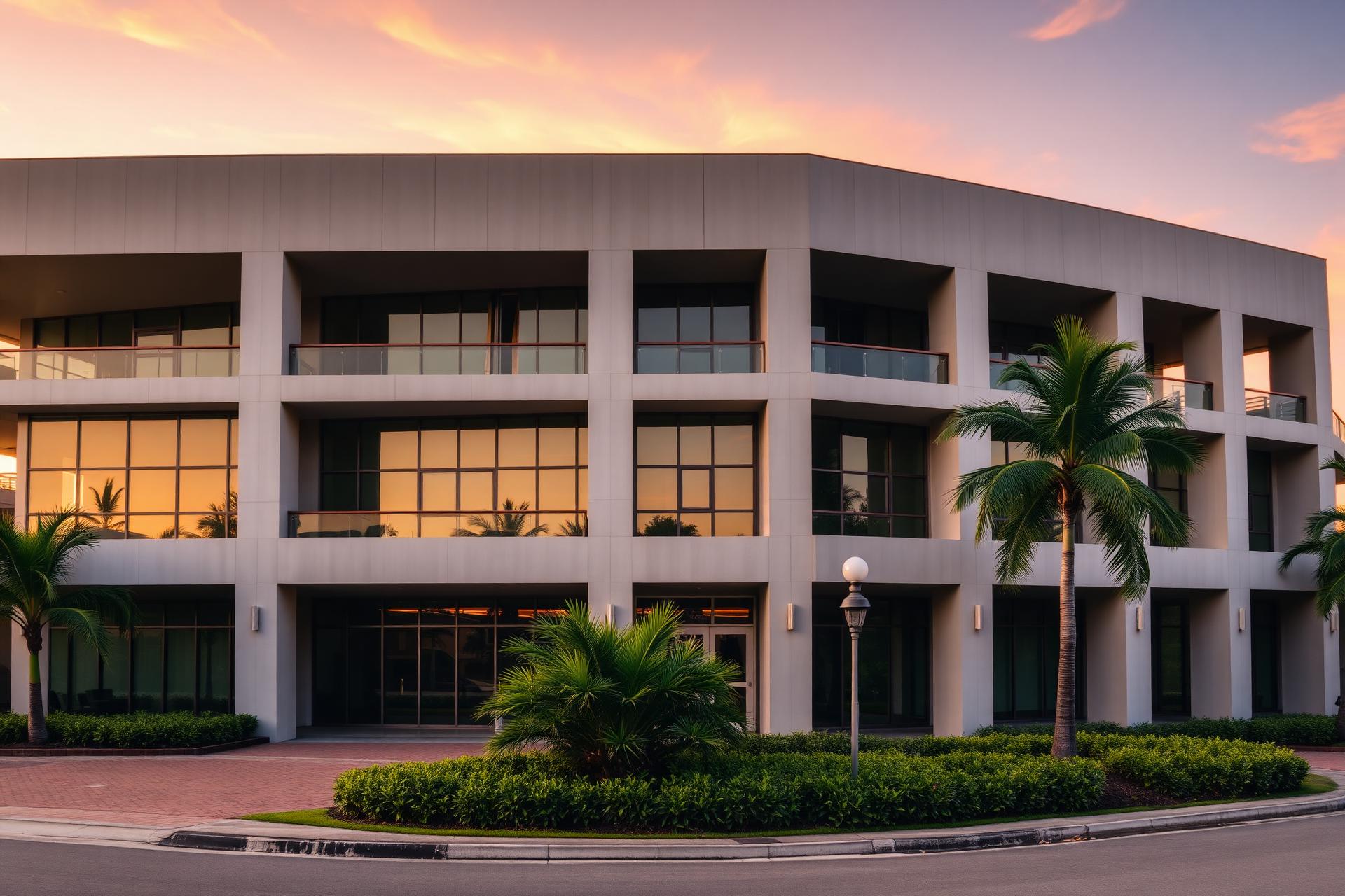 Modern commercial development at golden hour in Kingston, Jamaica